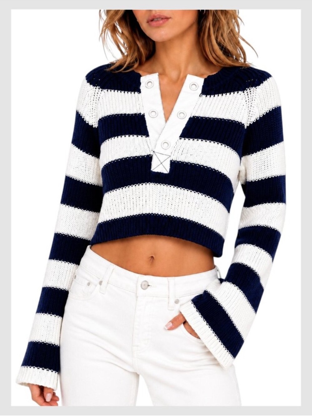 Pilcro Anthropologie White Navy Striped Bell-Sleeve Henley Crop Knit Sweater